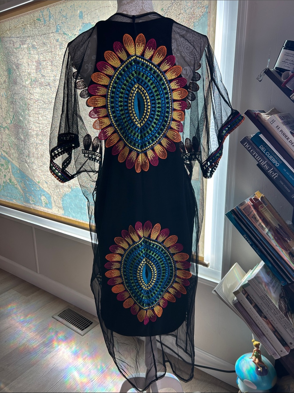 Source Unknown Black Sheer Tunic with Blue, Yellow & Pink Sunburst Embroidery - Picture 3 of 3